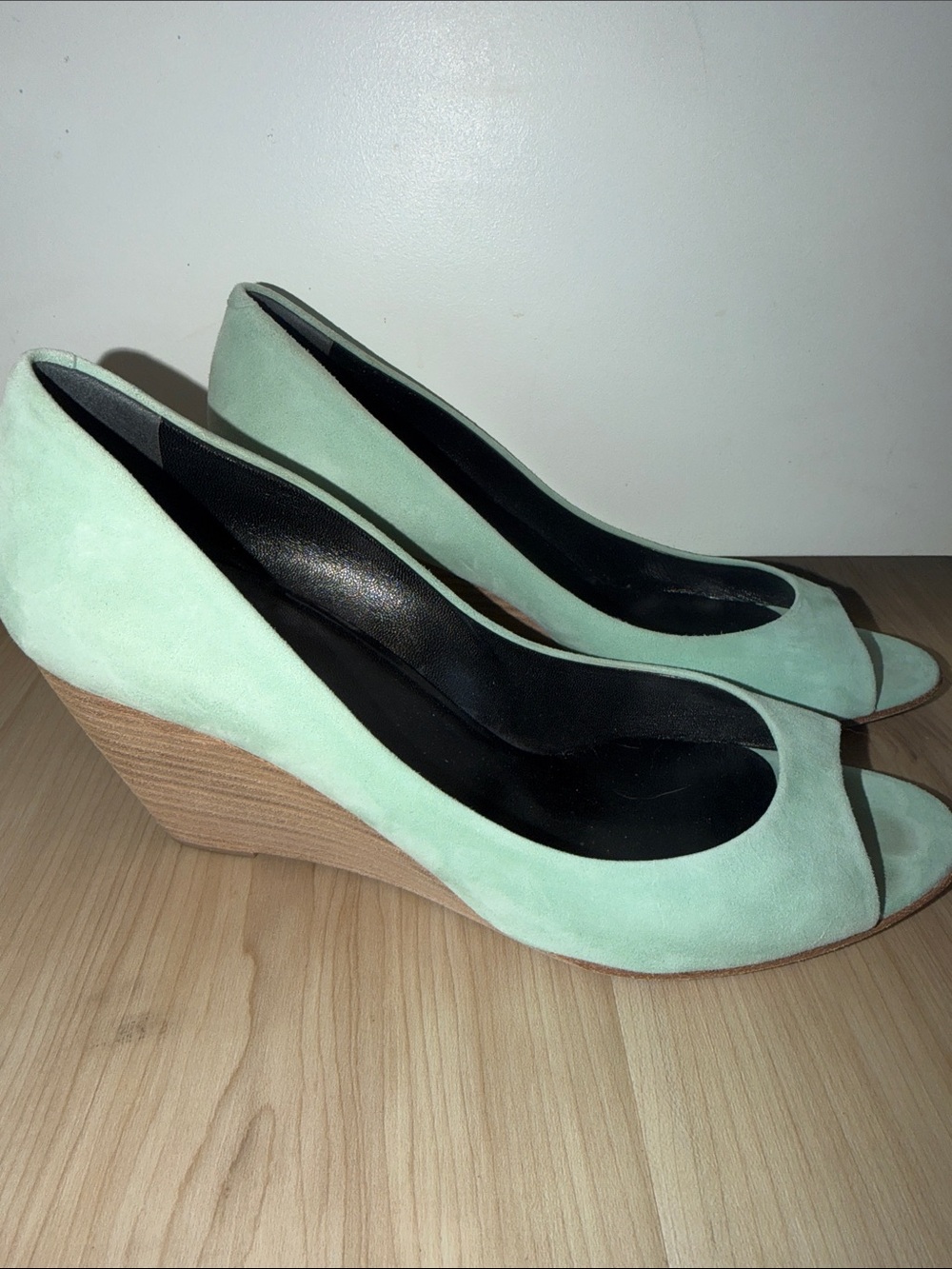Pierre Hardy Mint Suede Peep-Toe Wedge Pumps